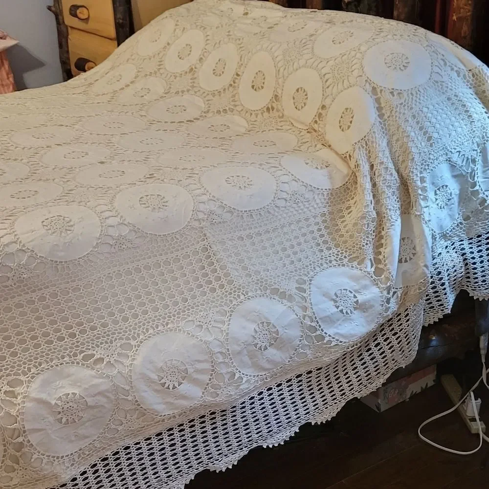 Antique Vintage Hand Crochet Lace King Size Duvet Cover Off-white Cream